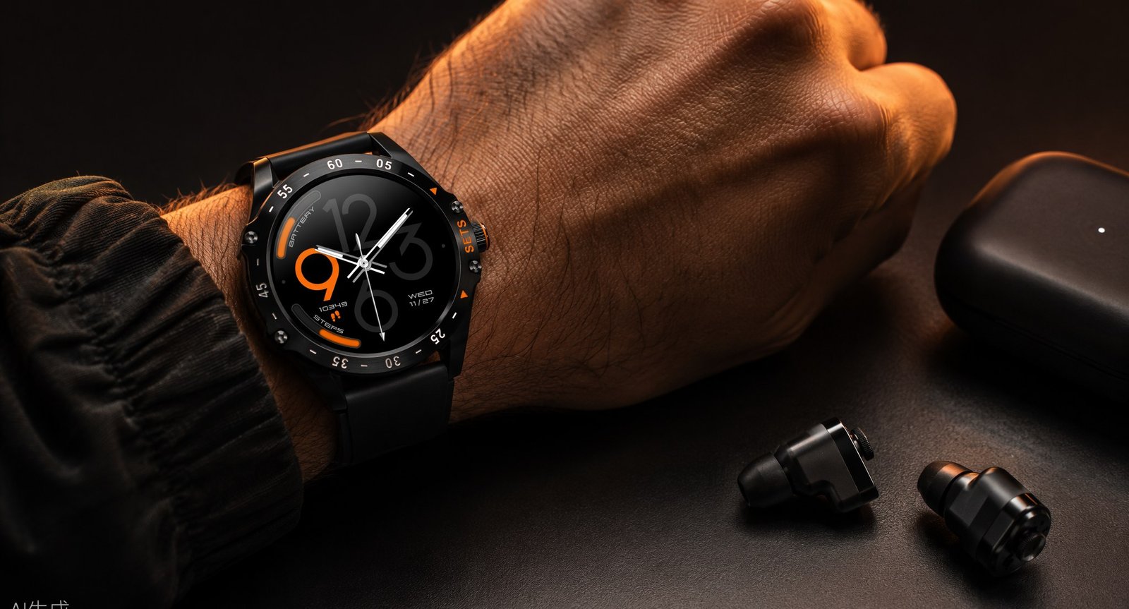 HYPE watch on the wrist with earbuds